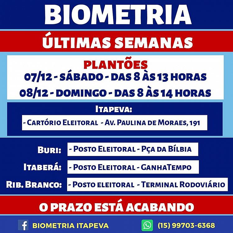 PLANTÃO DA BIOMETRIA NESTE FINAL DE SEMANA